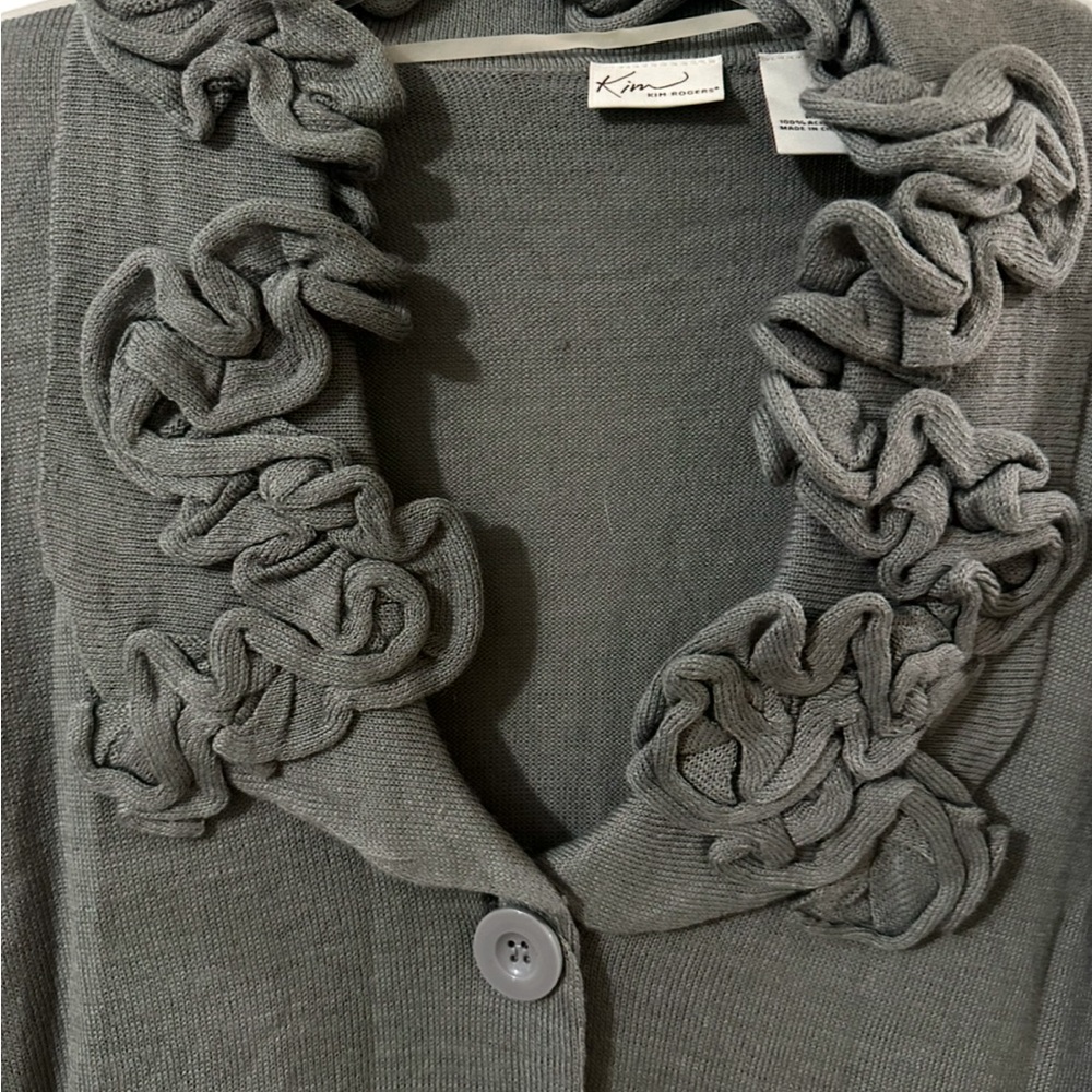 Gray Knit Cardigan with Ruffle Trim - Picture 2 of 5